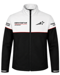 A black and white Alpinestars Denvostar motorsport zip-up jacket with red accent lines and team branding on the chest and sleeves.