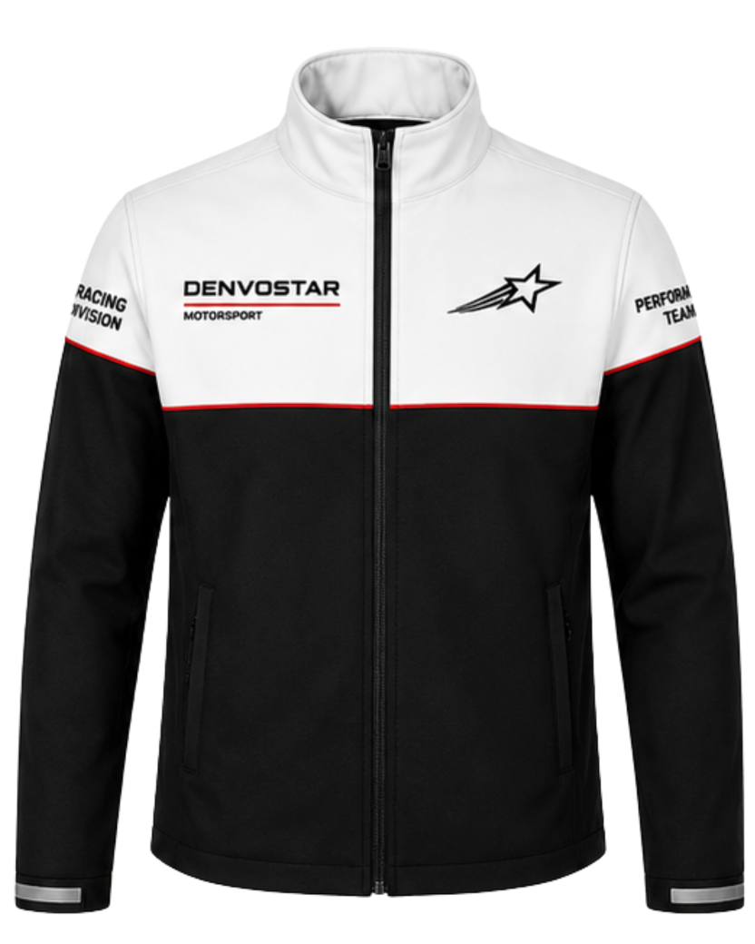 A black and white Alpinestars Denvostar motorsport zip-up jacket with red accent lines and team branding on the chest and sleeves.
